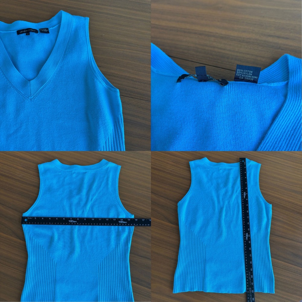 90s Vintage Jeanne Pierre Knit Tank Sweater S Blue V Neck Ribbed Preppy Fairy - Picture 5 of 11